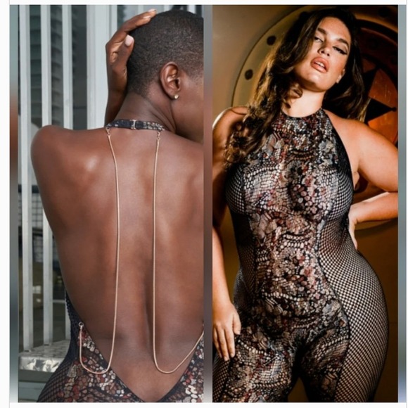 Savage X Fenty Pants - Savage X Fenty Womens Medium Black Lace Fishnet Catsuit Gold Chain Jumpsuit- M
